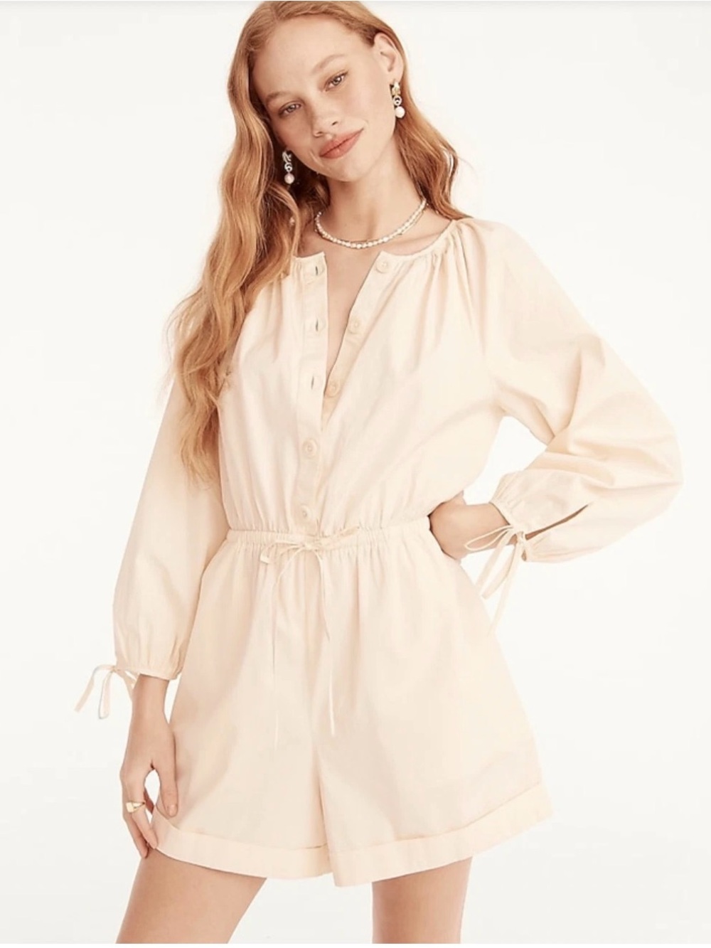 J.Crew Cotton Poplin Puff Sleeve Tie-Cuff Romper Pale Peach Size S NWT